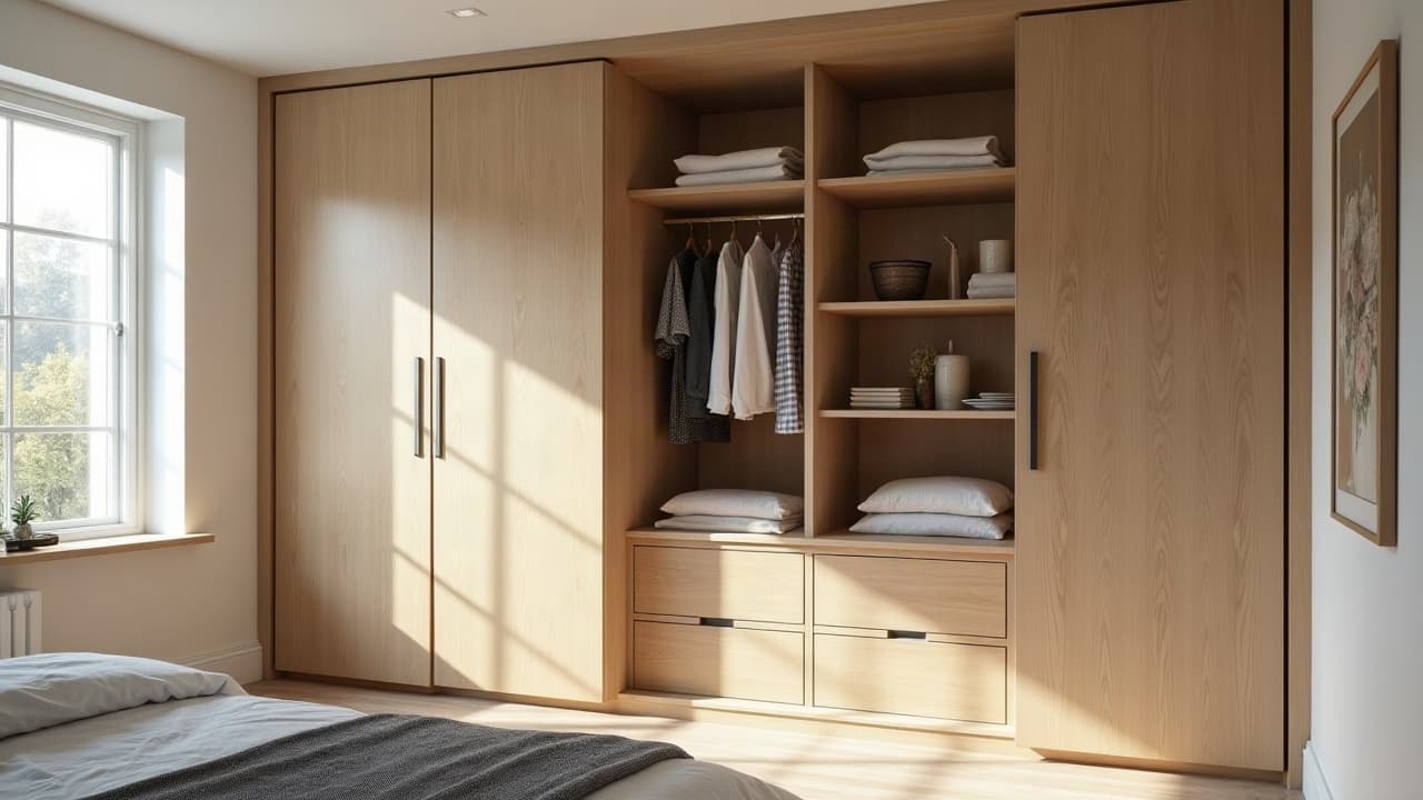 Dressing sur mesure en chêne clair intégré sous une pente, façades alignées et rangement fini
