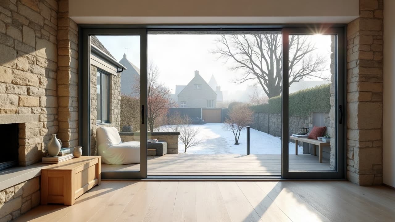 Fenêtres neuves à montants fins posées dans les tableaux épais d'un séjour rénové, vue depuis l'intérieur