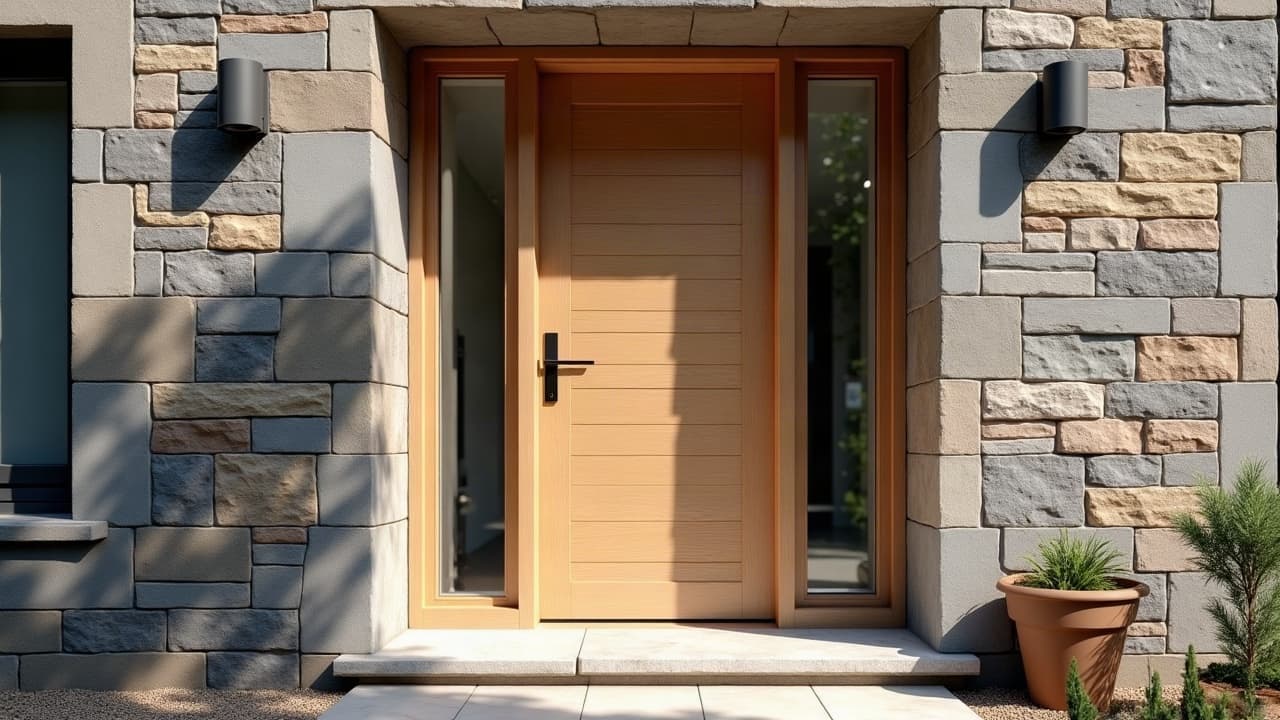 Porte d'entrée contemporaine en bois clair posée dans une façade de pierre, seuil et joints nets