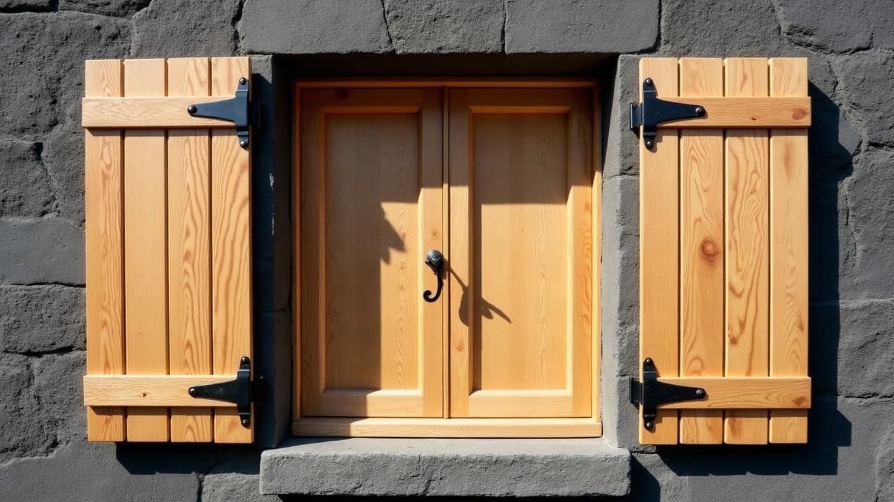 Volets battants neufs sur une façade de pierre claire, lames régulières et quincaillerie propre